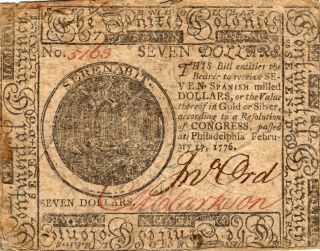 Fr.  Cc - 29 February 17 1776 Philadelphia Continental Currency $7 Note