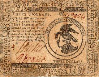 Fr.  Cc - 33 May 9 1776 Philadelphia Continental Currency $3 Three Dollars Note