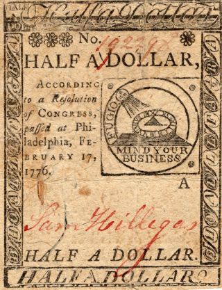 Fr.  Cc - 21 February 17 1776 Philadelphia Continental Currency 1/2$ Half Dollar