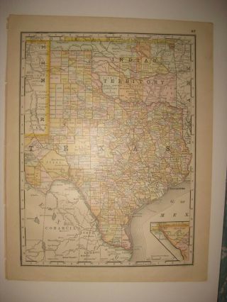 Antique 1888 Texas Indian Territory Oklahoma & Kansas Map Railroad Fine