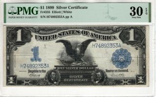 1899 $1 Silver Certificate Black Eagle Fr.  235 Elliott White Pmg Vf 30 Epq (353a)