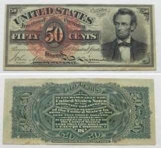 N007 Civil War Era 50 Cent Lincoln 4th Issue Fractional Note,  Xf,  Fr - 1374