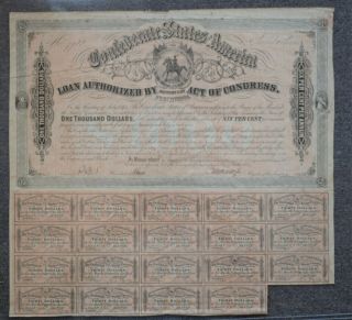 1864 Civil War Confederate States Of America $1000 Bond Second Series W/ 19 Bond