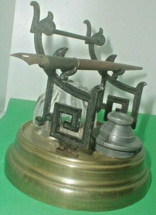 Antique Rare 1861 Chinese Arm Glass Pewter Brass Fountain Pen Ink Well Sculpture