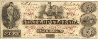State Florida $5 Dollars Obsolete Currency 1864 - Governor Autograph Cu