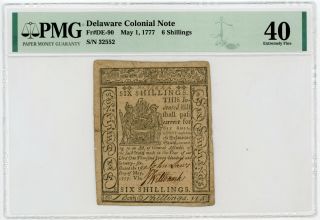 (de - 90) May 1,  1777 6 Shillings Delaware Colonial Currency Note - Pmg Xf 40