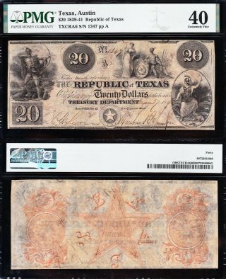 Rare Uncancelled 1840 $20 Republic Of Texas Note Pmg 40