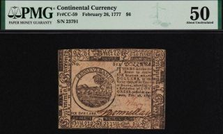 Cc - 59 " Signed By Benjamin Levy " Pmg Au50 $6 Feb.  26,  1777 Continental Currency