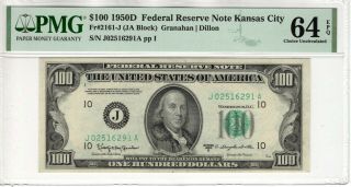 1950 D $100 Federal Reserve Note Kansas City Fr.  2161 - J Pmg Choice Unc 64 Epq