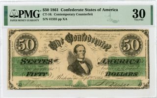 1861 Ct - 16 $50 Confederate States Of America (ctft. ) Note - Civil War Era Pmg 30