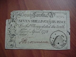 South Carolina 1778 Seven Shillings & Six Pence Colonial Currency Beehive Note