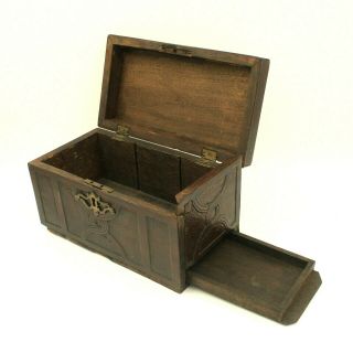 Antique 19th Century Carved Wood Jewellery Box With Secret Drawer