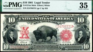 Hgr Sunday 1901 $10 Legal Tender Bison ( (rarer Mule Variety))  Pmg Vf - 35