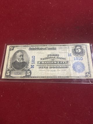 Series 1902 First National Bank Of Charles City Iowa $5 Note Ch 1810 Very Rare