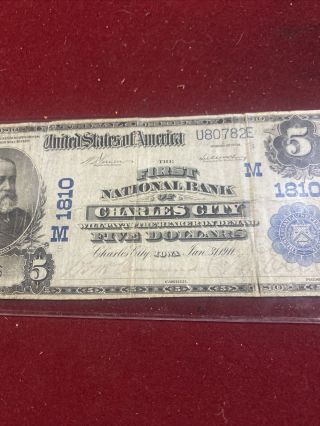 Series 1902 First National Bank Of Charles City Iowa $5 Note CH 1810 Very Rare 3