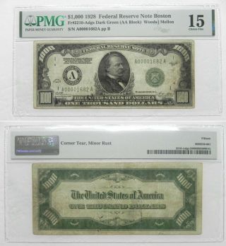1928 $1000 Federal Reserve Note Boston,  Pmg 15,  A00001682a,  Rare Fr 2210 - A
