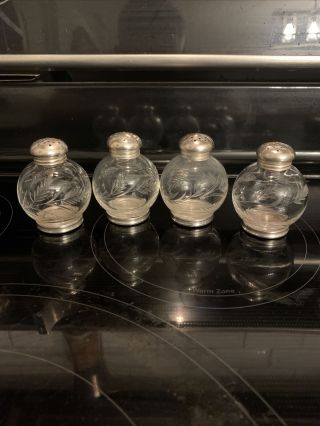 4 Frank M Whiting Sterling And Etched Glass Salt And Pepper Shakers