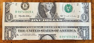 One Dollar Bill Cutting Error $1 Federal Reserve Error Dual Serial Numbers - 012