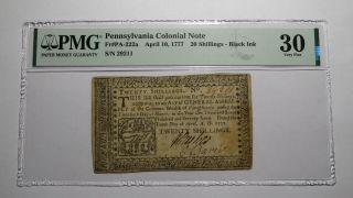 1777 20 Shillings Pennsylvania Pa Colonial Currency Bank Note Bill Vf30 Pmg 20s