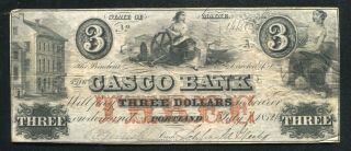 1852/4 $3 The Casco Bank Portland Maine Obsolete Currency Note Unique