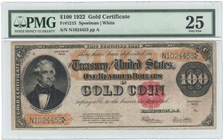 Fr.  1215,  $100.  00,  1922 " Scarce ",  Gold Certificate,  Pmg 25 Very Fine