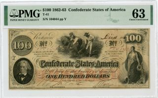 1862 T - 41 $100 Confederate States Of America Note - Civil War Era Pmg Ch.  Cu 63