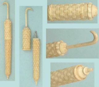 Antique Carved Bone Parasol/umbrella Needle Case W/ Basketweave Design C1890
