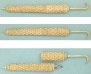 Antique Carved Bone Parasol/Umbrella Needle Case w/ Basketweave Design C1890 2