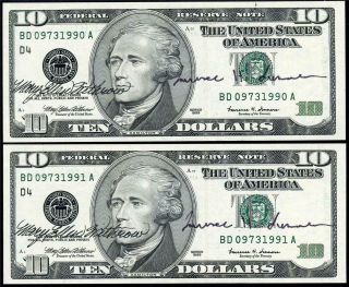 Hgr Sunday 1999 $10 Double Autographed ( (2 Consecutive))  Gem Uncirculated