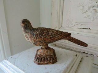 Fabulous Old Vintage Cast Iron Metal Bird Statue Rusty White With Patina