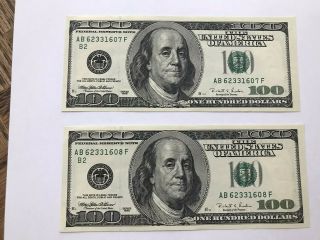 (2) 1996 $100 Consecutive Numbers - One Hundred Dollar Bills Sequential Serial