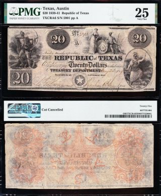 Rare Bold & Crisp Vf 1840 $20 Republic Of Texas Obsolete Note Pmg 25