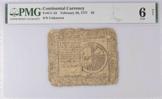 Continental Currency Fr Cc - 55 Feb.  26,  1777 $2 Pmg 6 Baltimore Contempory Pin