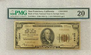 1929 U.  S.  Bank Of Italy S.  F.  $100 Currency Note - Type 1 Ch 13044 Pmg 20 Vf
