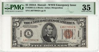1934 A $5 Federal Reserve Note Hawaii Fr.  2302 Pmg Choice Very Fine Vf 35