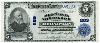 Series 1902 The Merchants National Bank Of Indianapolis In $5 Plain Back Ch 869