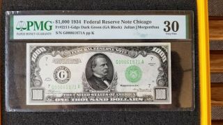 1934 ($1000) One Thousand Dollar Chicago (g) Federal Reserve Note Pmg Vf 30
