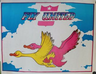 Vintage Blacklight Poster Fly United Airlines Geese Sex Headshop 1970 