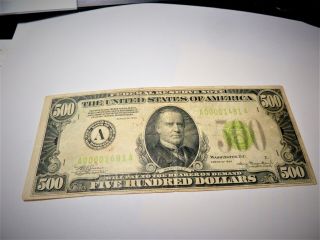 1934 $500 Five Hundred Dollar Bill Boston Massachusetts Low Ser.  A 00001481 A