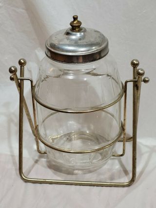 Vintage Block Barrel Glass Pickle Jar Antique General Country Drug Store Brass