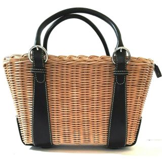 Vintage Ann Taylor Woven Wicker Rattan Basket Bag W/ Black Italian Leather Trim