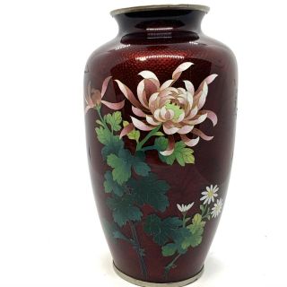Vintage Red Cloisonné Metal Vase Pink And White Flowers