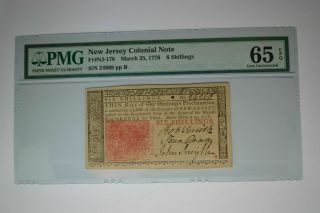 Jersey Colonial Fr Nj - 178 March 25,  1776 6s 6 Shillings Pmg 65 Epq