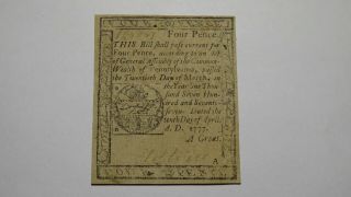 1777 Four Pence Pennsylvania Pa Colonial Currency Bank Note Bill Rare 4d Xf,