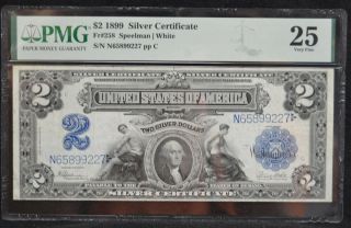 1899 $2 Dollar Silver Certificate Note Fr.  258 Speelman White Pmg Vf 25
