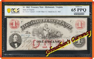Jc&c - Cr - Va - 17 1862 $1 Treasury Note - Richmond,  Va - Gem 65 Ppq By Pcgs B.