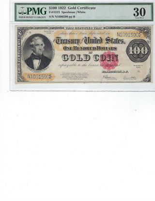 1922 $100 Gold Certificate Fr1215 Pmg 30 Vf Spellman/white,  Small Tear