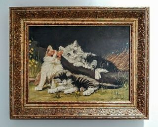 Antique Oil Painting Cute Kittens Cats Playing Landscape Scene Signed Gold Frame