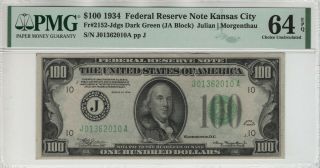 1934 $100 Federal Reserve Note Kansas City Fr.  2152 - Jdgs Pmg Choice Unc 64 Epq