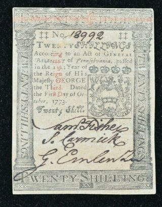 1773 Continental Currency Twenty Shillings Note Hall & Sellers 99c